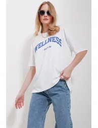 Women's Blue Crew Neck Printed Oversize Cotton T-Shirt