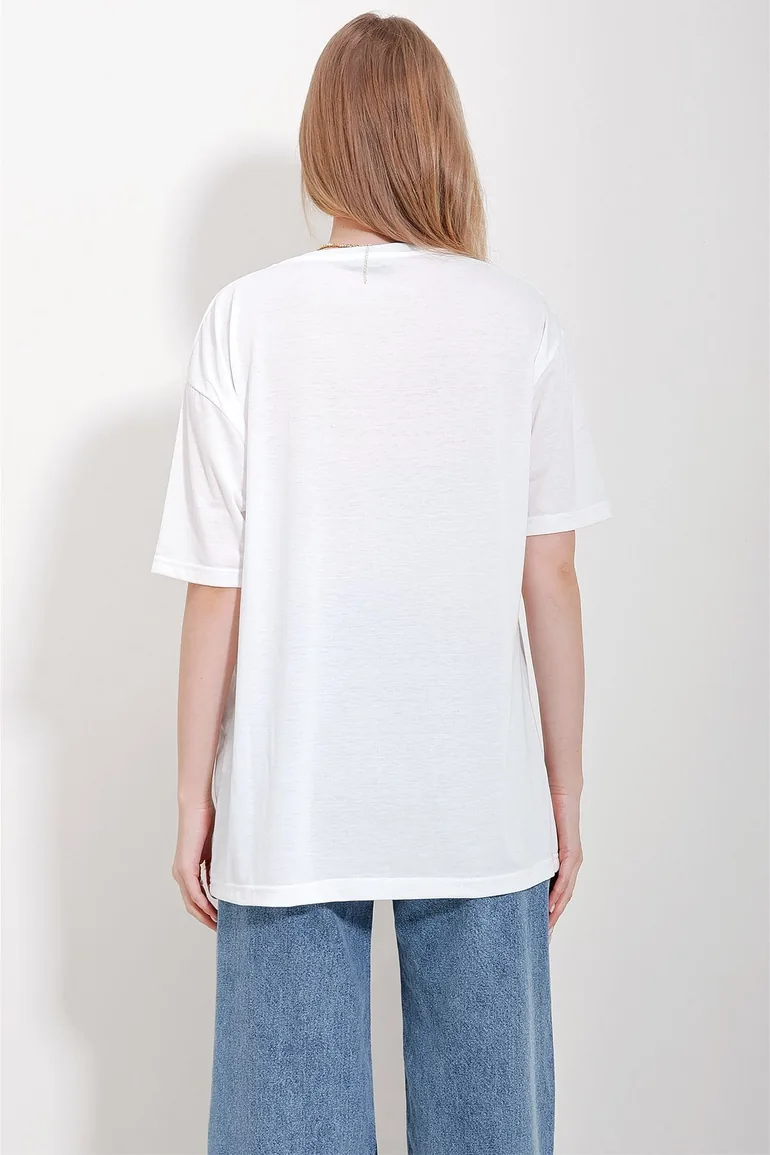 Women's Blue Crew Neck Printed Oversize Cotton T-Shirt - 3