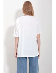 Women's Blue Crew Neck Printed Oversize Cotton T-Shirt - 3
