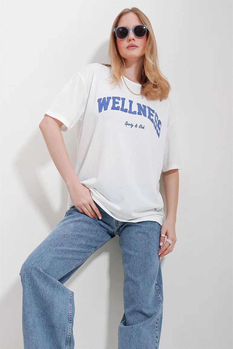 Women's Blue Crew Neck Printed Oversize Cotton T-Shirt - 1
