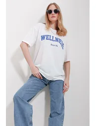 Women's Blue Crew Neck Printed Oversize Cotton T-Shirt - 1