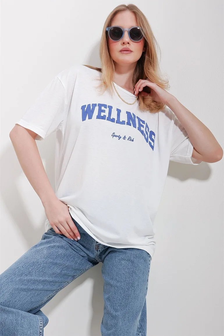 Women's Blue Crew Neck Printed Oversize Cotton T-Shirt - 2