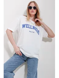 Women's Blue Crew Neck Printed Oversize Cotton T-Shirt - 2