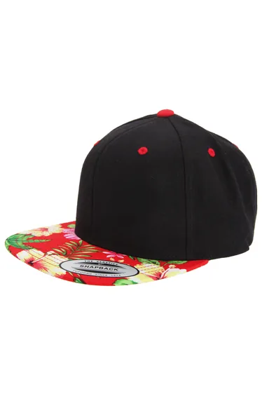 Yupoong Mens Fashion Print Premium Snapback Cap - Black/Floral Red