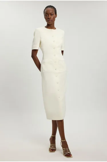 Petite Satin Tux Short Sleeve Tailored Midi Dress