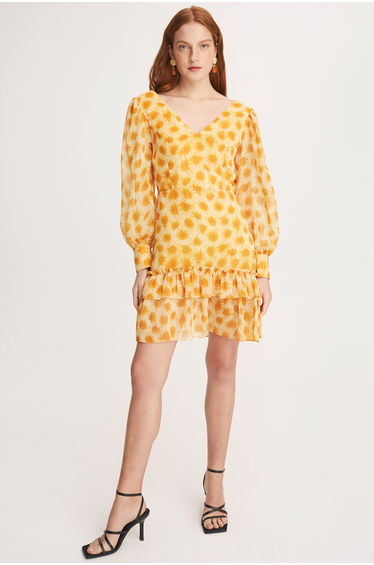 Desmond Regular Fit V-neck Mini Size Floral Patterned Yellow Tan Color Dress