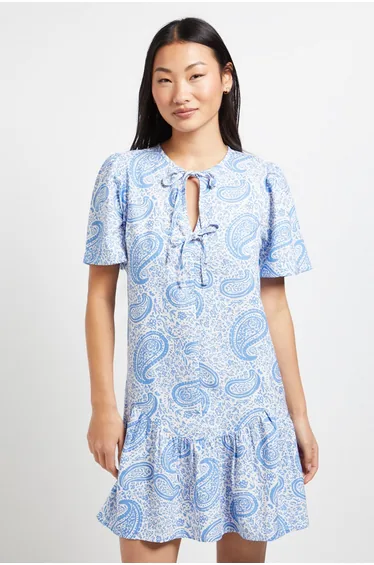 Petite Paisley Tie Detail Drop Hem Printed Mini Dress