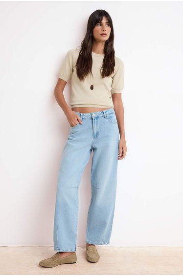 Blue High Waist Baggy Tencel Blended Jeans