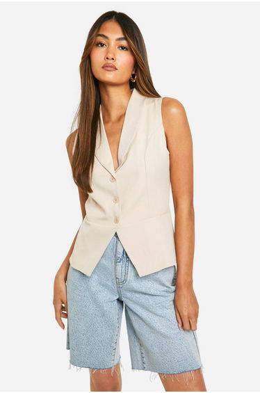 Contrast Button Longline Waistcoat - sand