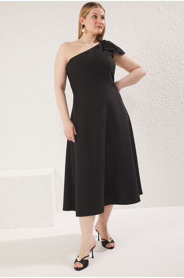 Black Bowknot Single Sleeve Midaxi Woven Plus Size Dress