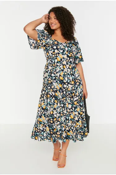 Navy Plus Floral Ruched A-Line Midaxi Smock Dress