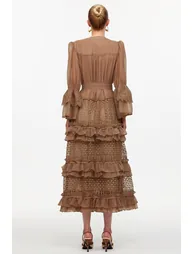 Hakula Resort Flowy Long Sleeve Falbala Lace Woven Maxi Dress - 5