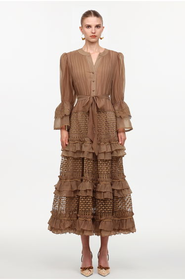 Hakula Resort Flowy Long Sleeve Falbala Lace Woven Maxi Dress