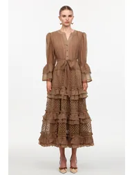 Hakula Resort Flowy Long Sleeve Falbala Lace Woven Maxi Dress