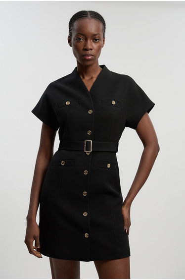Petite Textured Compact Stretch High Neck Belted Mini Dress