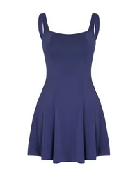 Dark Navy Blue Square Neck Covered Basic Skirt Swimsuit - 3