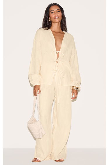 Lemon Textured Cheesecloth Wide Leg Trousers