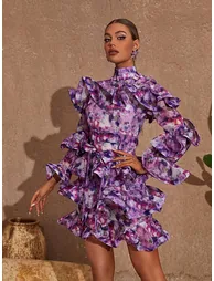 Elena Printed Ruffle Mini Dress In Purple - 2