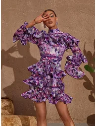 Elena Printed Ruffle Mini Dress In Purple - 3