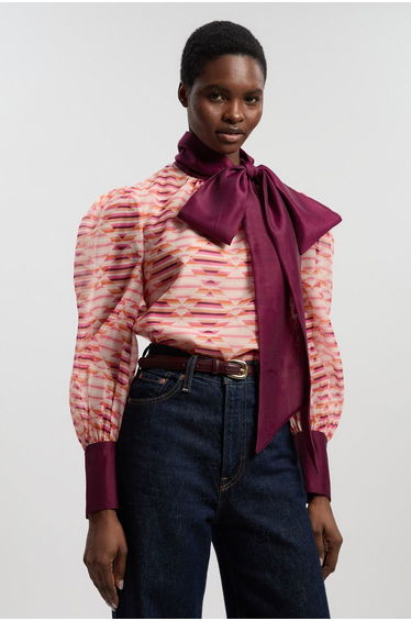 Geo Printed Organdie Pussybow Woven Blouse