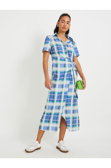 Checked Print Short Sleeve Shirt Midi Dress