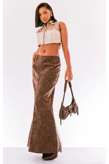 Brown Washed Faux Leather Low Rise Maxi Skirt