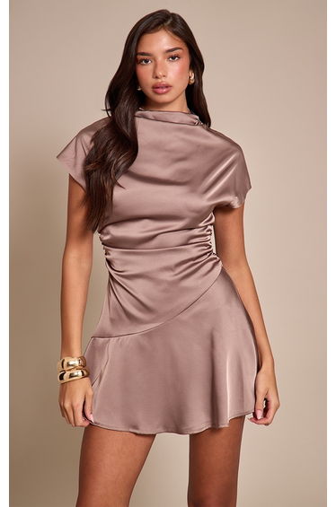 Taupe Satin Cap Sleeve Mini Dress