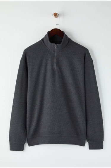 Anthracite New Oversize/Wide Cut Brushed Selanik Stand Collar Sweatshirt