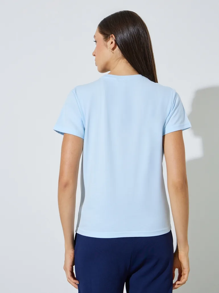 Blue Plain Cotton Regular Fit T-Shirt - 4