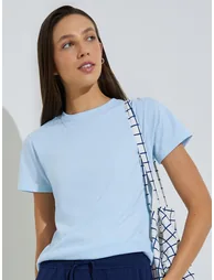 Blue Plain Cotton Regular Fit T-Shirt - 1