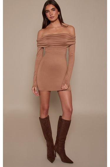 Mushroom Soft Touch Jersey Bardot Bodycon Dress