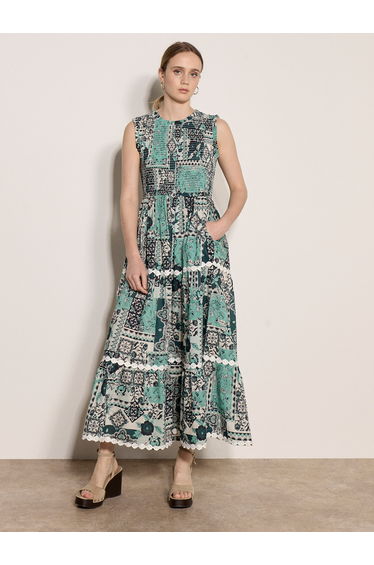 Patchwork Scarf Smocked Cotton Maxi Dress