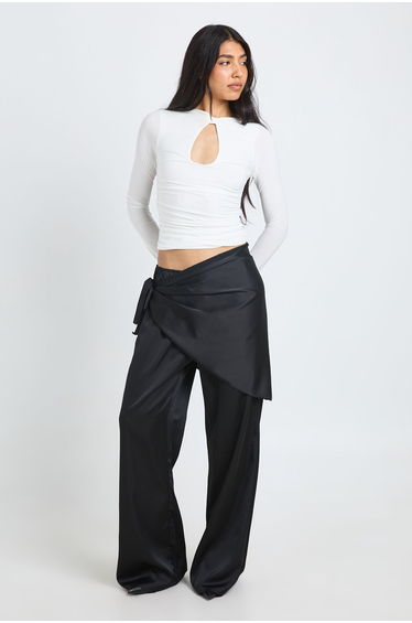Tall Satin Tie Waist Wide Leg Trouser - black