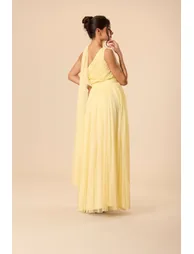 One Shoulder Tulle Maxi Dress in Buttercup Yellow with Scarf - 3