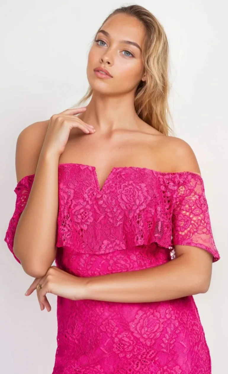 Pink Lace Bardot Mini Dress Iska : Party Dresses : VogaCloset Bahrain