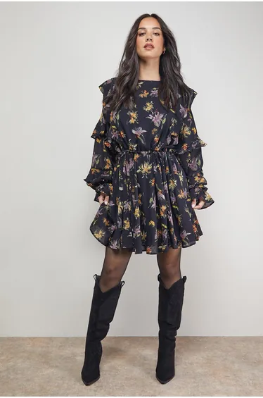 Printed Ruffle Batwing Sleeve Mini Dress