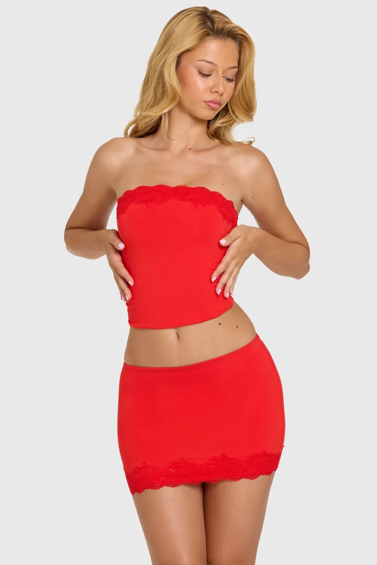 Modal Lace-Trim Bandeau Top in Cherry - 7