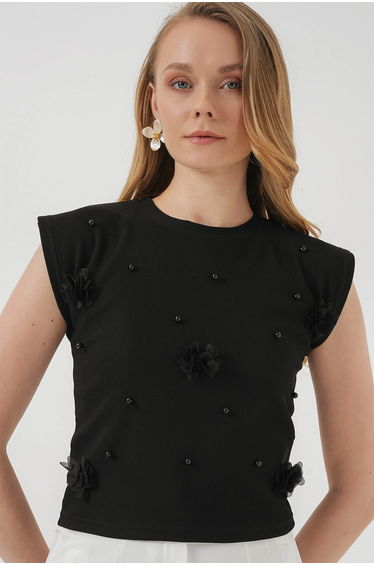 BDART Embroidered Crop Blouse with Crew Neck