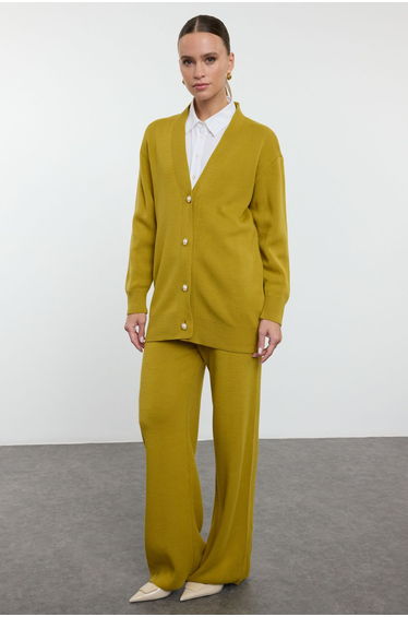 Oil Green Pearl Buttoned Knitwear Cardigan-Pants Bottom-Top Set