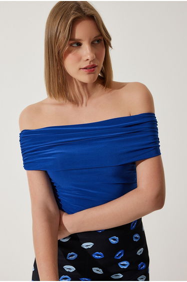 Women's Cobalt Blue Gathered Open Shoulder Sandy Blouse