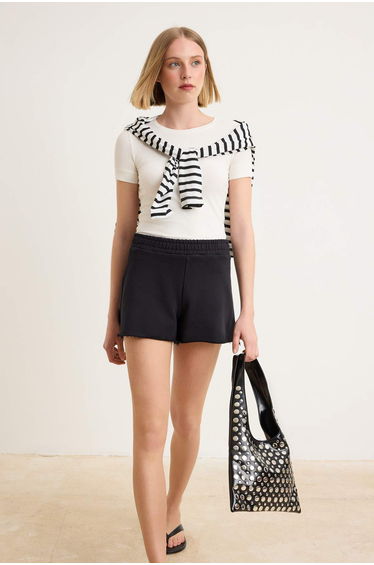 Black Plain Regular Waist Wide Leg Short 3-Thread Combed Cotton Knitted Shorts & Bermuda