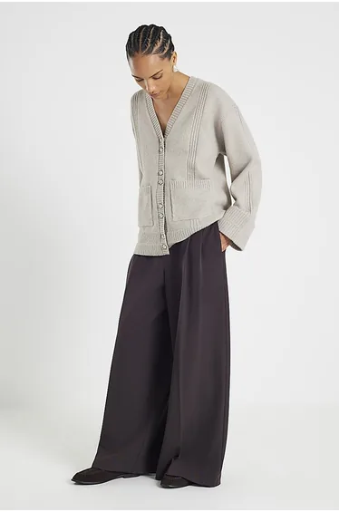 كارديغان محبوك بأكمام طويلة - بني