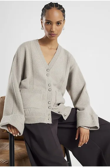 كارديغان محبوك بأكمام طويلة - بني