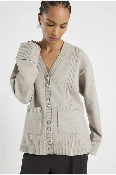 كارديغان محبوك بأكمام طويلة - بني