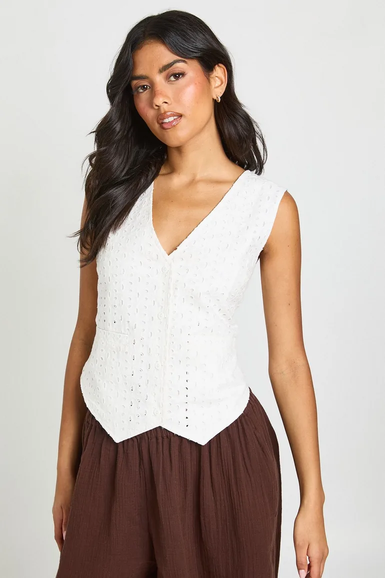 Broderie V Neck Waistcoat - white - 1