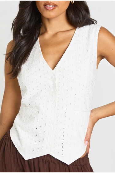Broderie V Neck Waistcoat - white product thumbnail 4