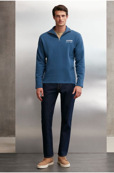 GRIMELANGE HALDEN Men’s Fleece-Lined Stand Collar Half-Zip Printed Detail Regular Fit Blue Sweatshirt