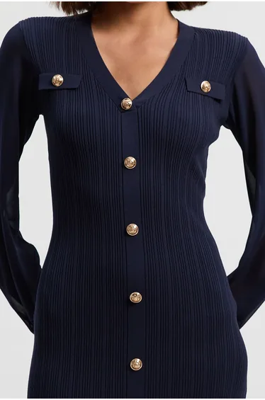 Viscose Blend Rib Knit Chiffon Sleeve Midi Dress