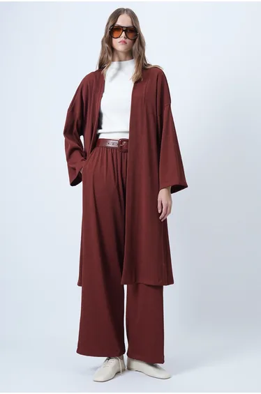 Women's brick red long jacket and relaxed fit pant set