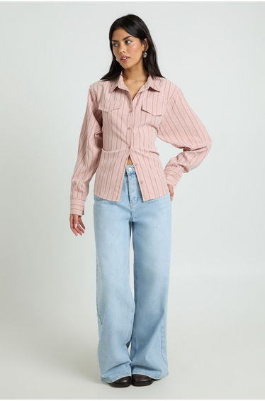 Cinched Stripe Fitted Shirt - pink